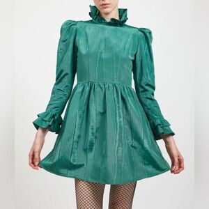 Batsheva Prairie Puff Sleeves Victorian Style Mini Dress - Ocean Moire Green 16